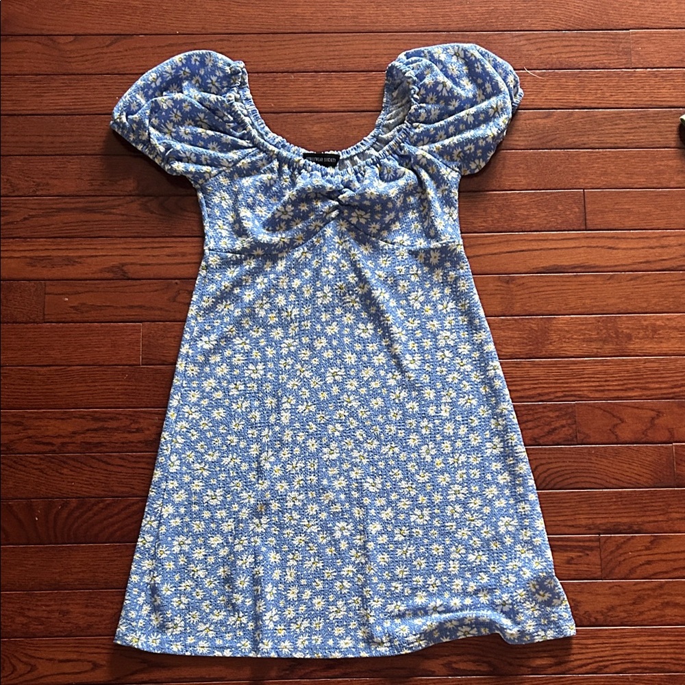 Streetwear Society Blue Daisy Puff-Sleeve Mini Dress